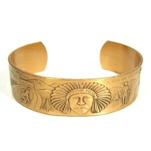 Vintage Copper Cuff Bracelet Native American Story Hunting MCM Tribal Americana